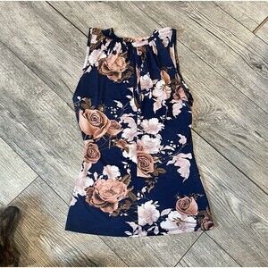 WTD Womens Small‎ Navy Floral Sleeveless Blouse Tank Top